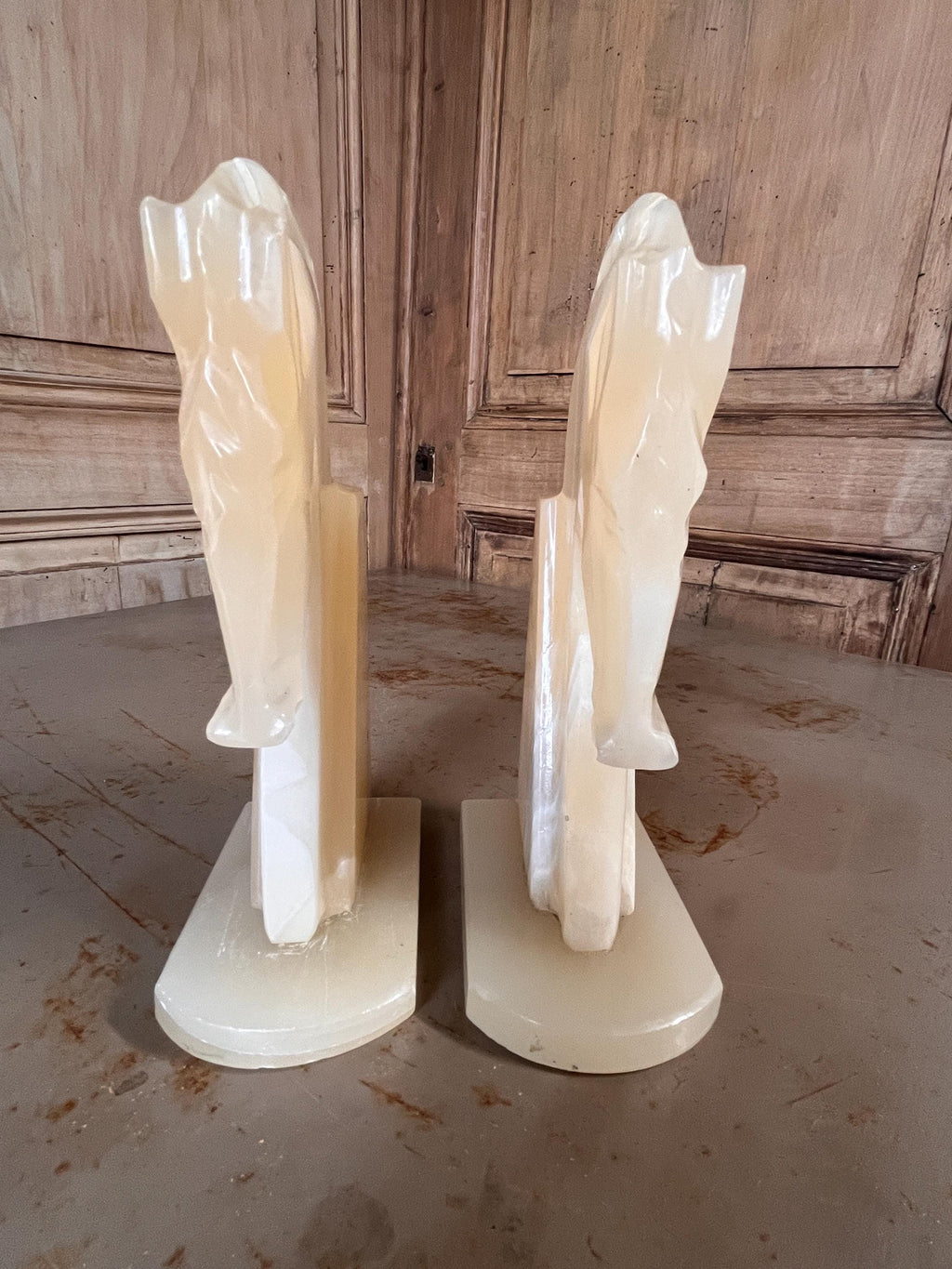 Paire de Serre-Livres Vintage en Albâtre Véritable – Sculptures Géométriques Pierres Naturelles 70s