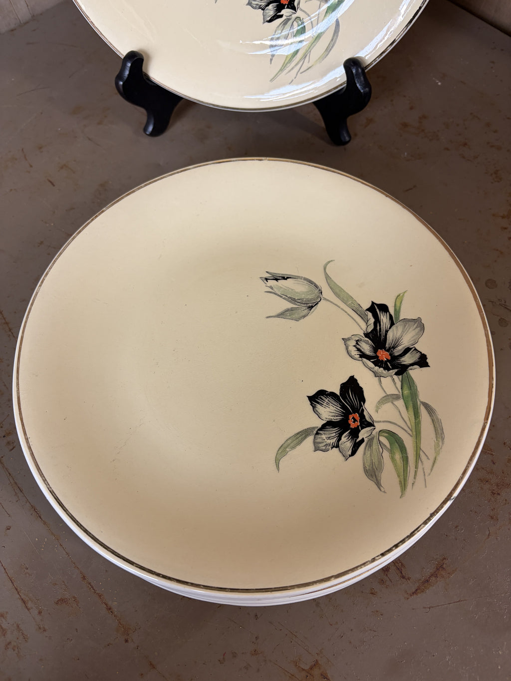Gros plan motif tulipes noires sur assiette Ceranord