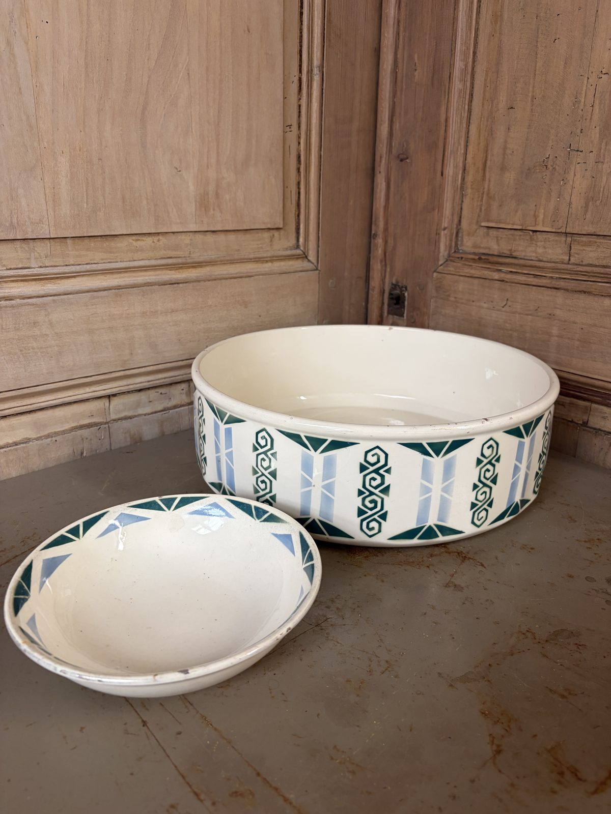 Bassine et coupelle vintage décor géométrique vert et bleu - L'Heureux Nouveau