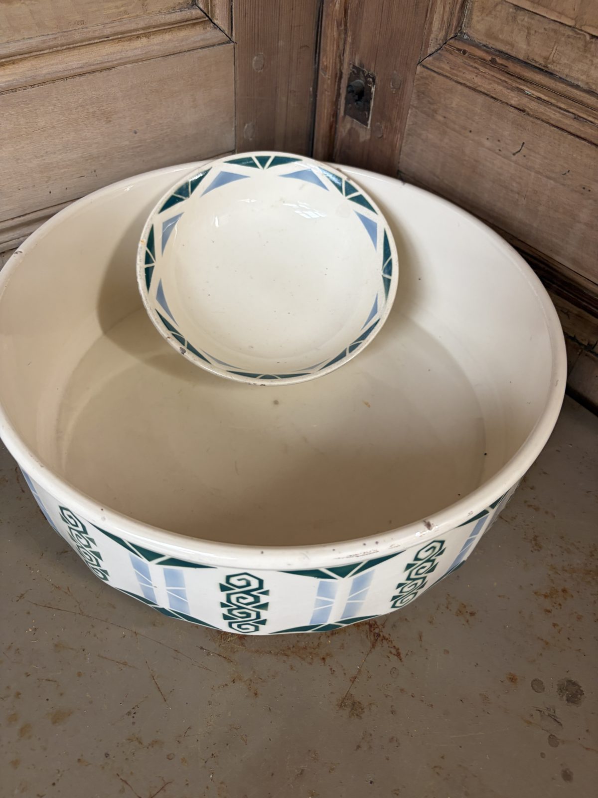 Bassine et coupelle vintage décor géométrique vert et bleu - L'Heureux Nouveau