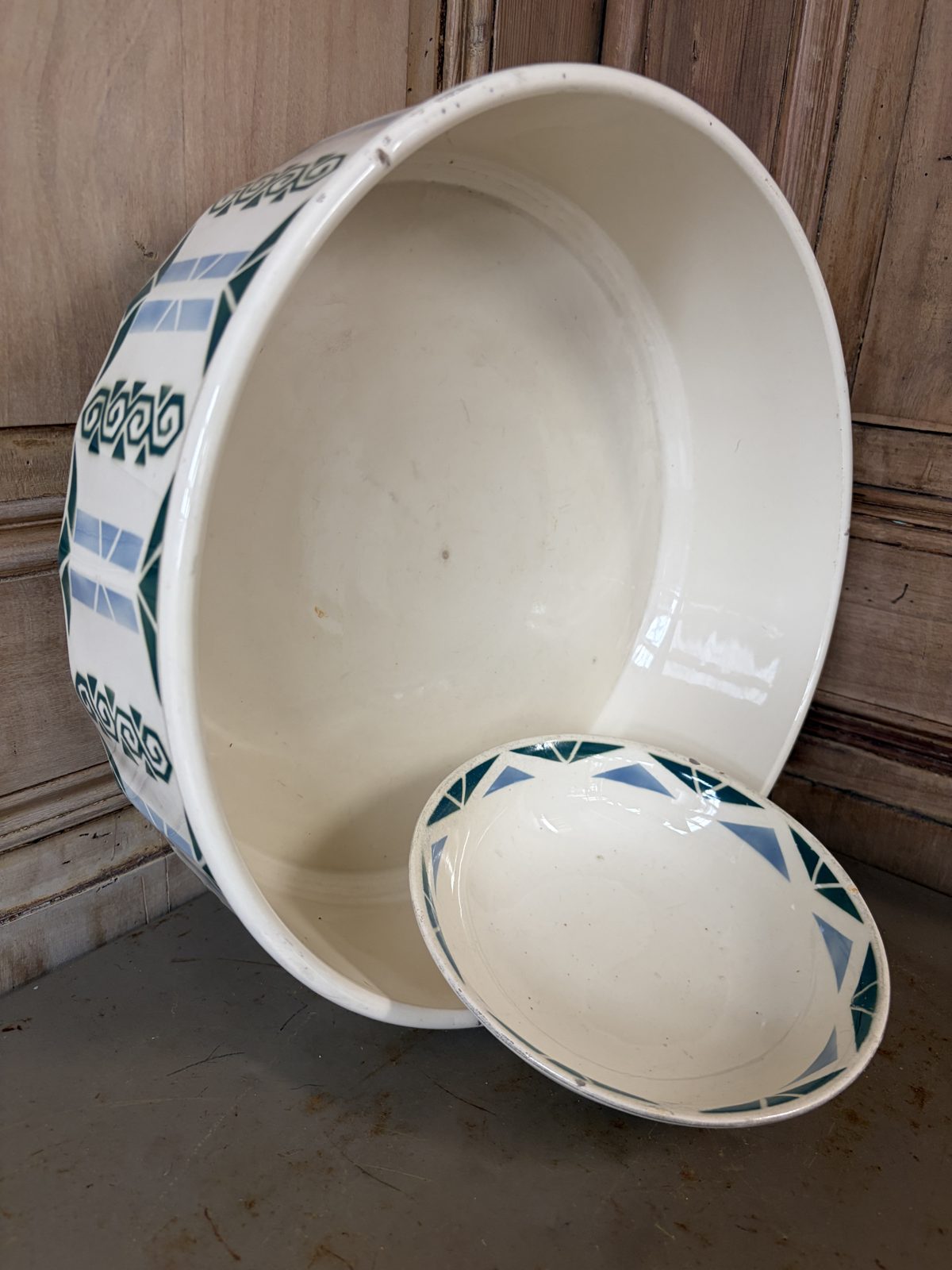 Bassine et coupelle vintage décor géométrique vert et bleu - L'Heureux Nouveau