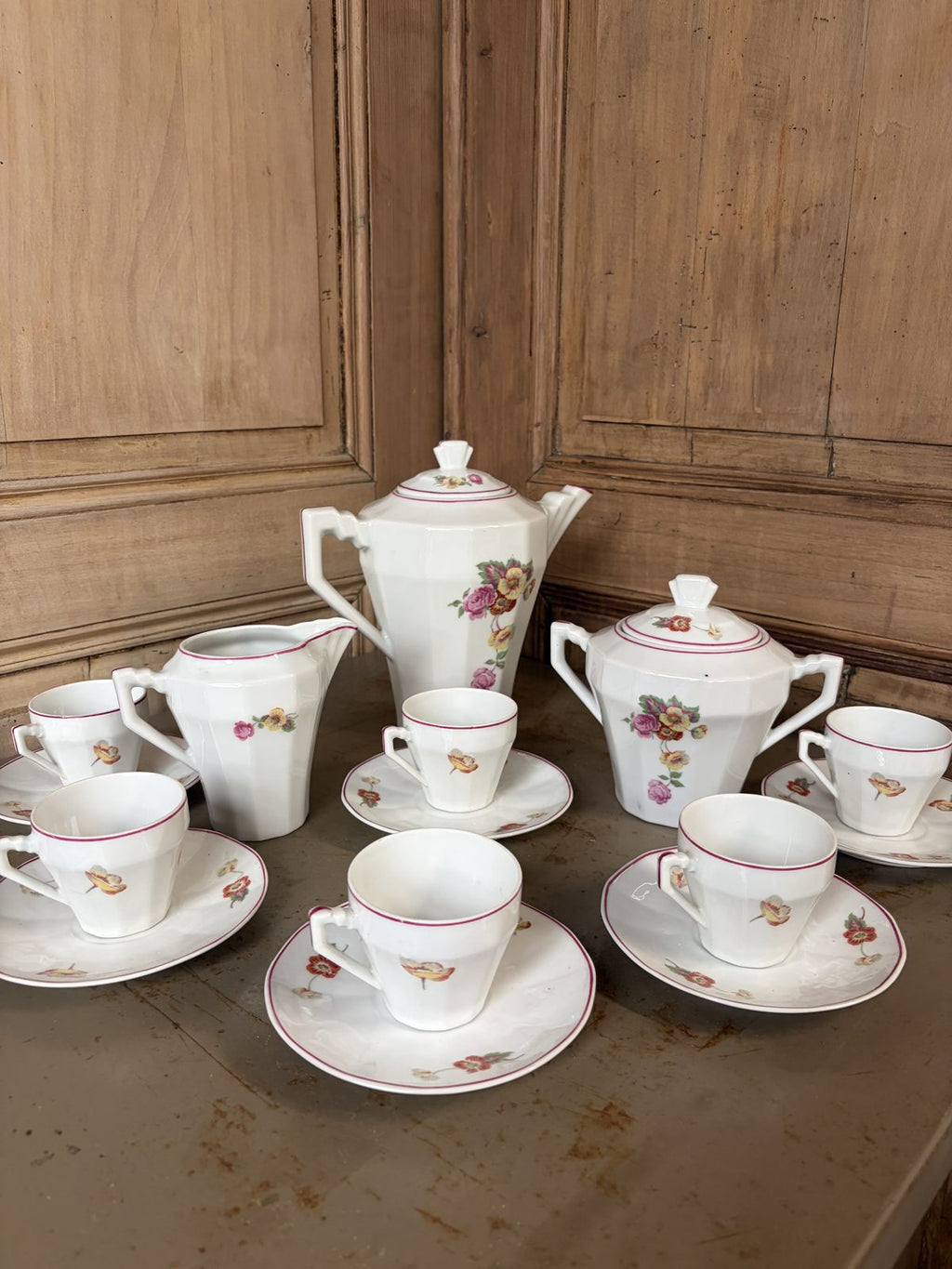 Service café Art déco fleurs roses et jaunes - L'Heureux Nouveau