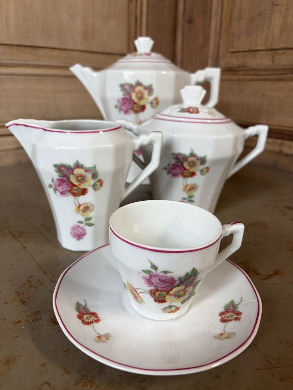Service café Art déco fleurs roses et jaunes - L'Heureux Nouveau