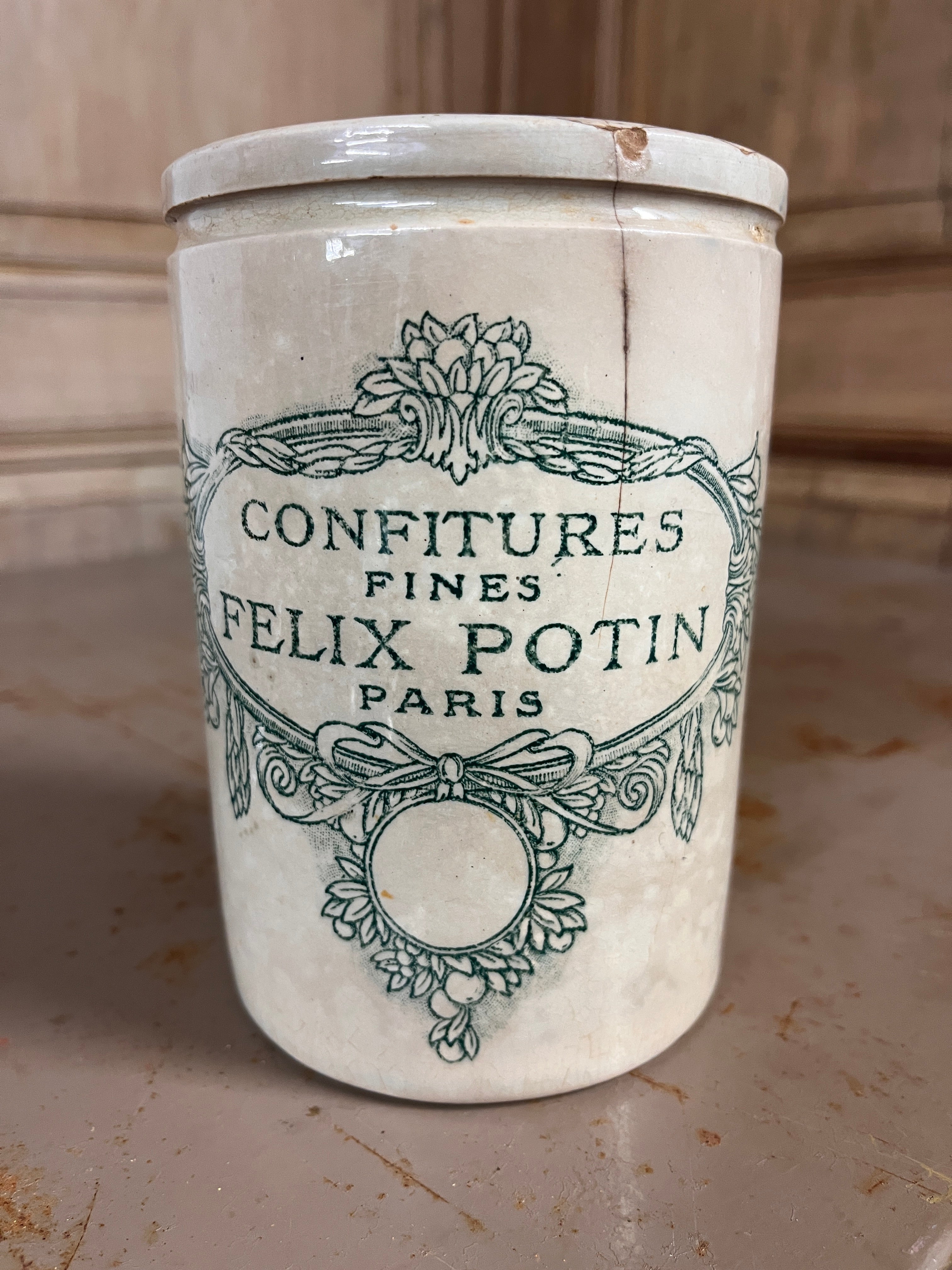 Pot à Confiture Ancien Félix Potin Lunéville – Faïence Verte Vintage Début XXe