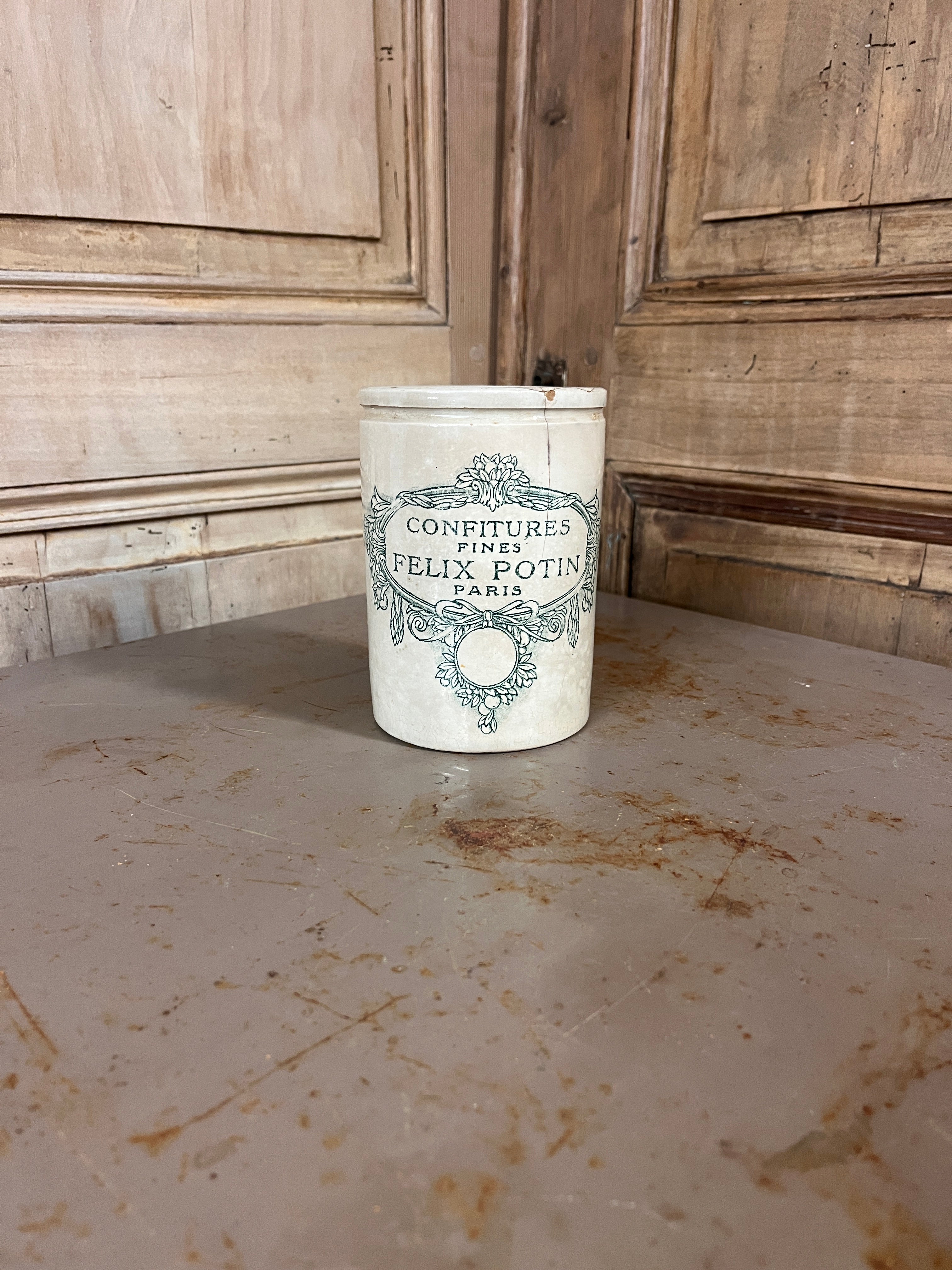 Pot à Confiture Ancien Félix Potin Lunéville – Faïence Verte Vintage Début XXe