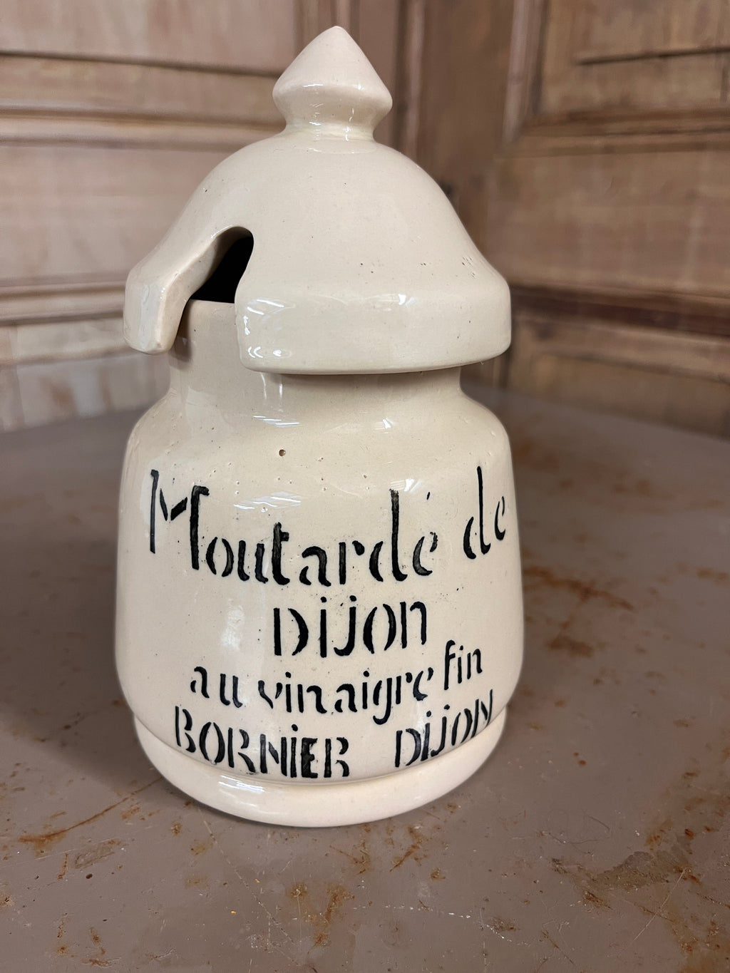 Pot à Moutarde Ancien Bornier Dijon en Grès Émaillé Complet – Déco Bistrot Milieu XXe