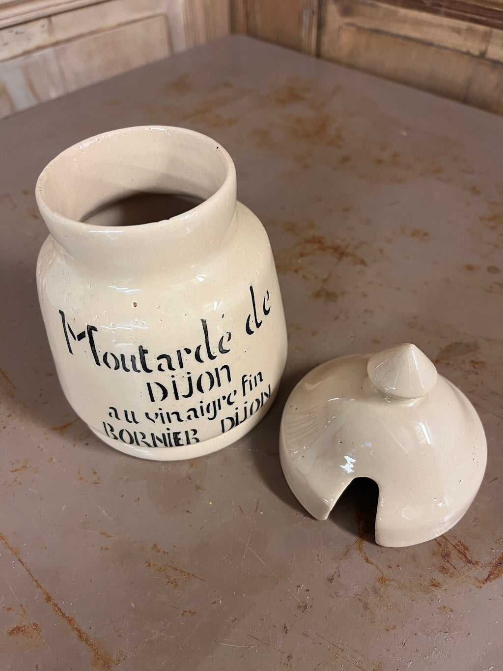 Pot à Moutarde Ancien Bornier Dijon en Grès Émaillé Complet – Déco Bistrot Milieu XXe
