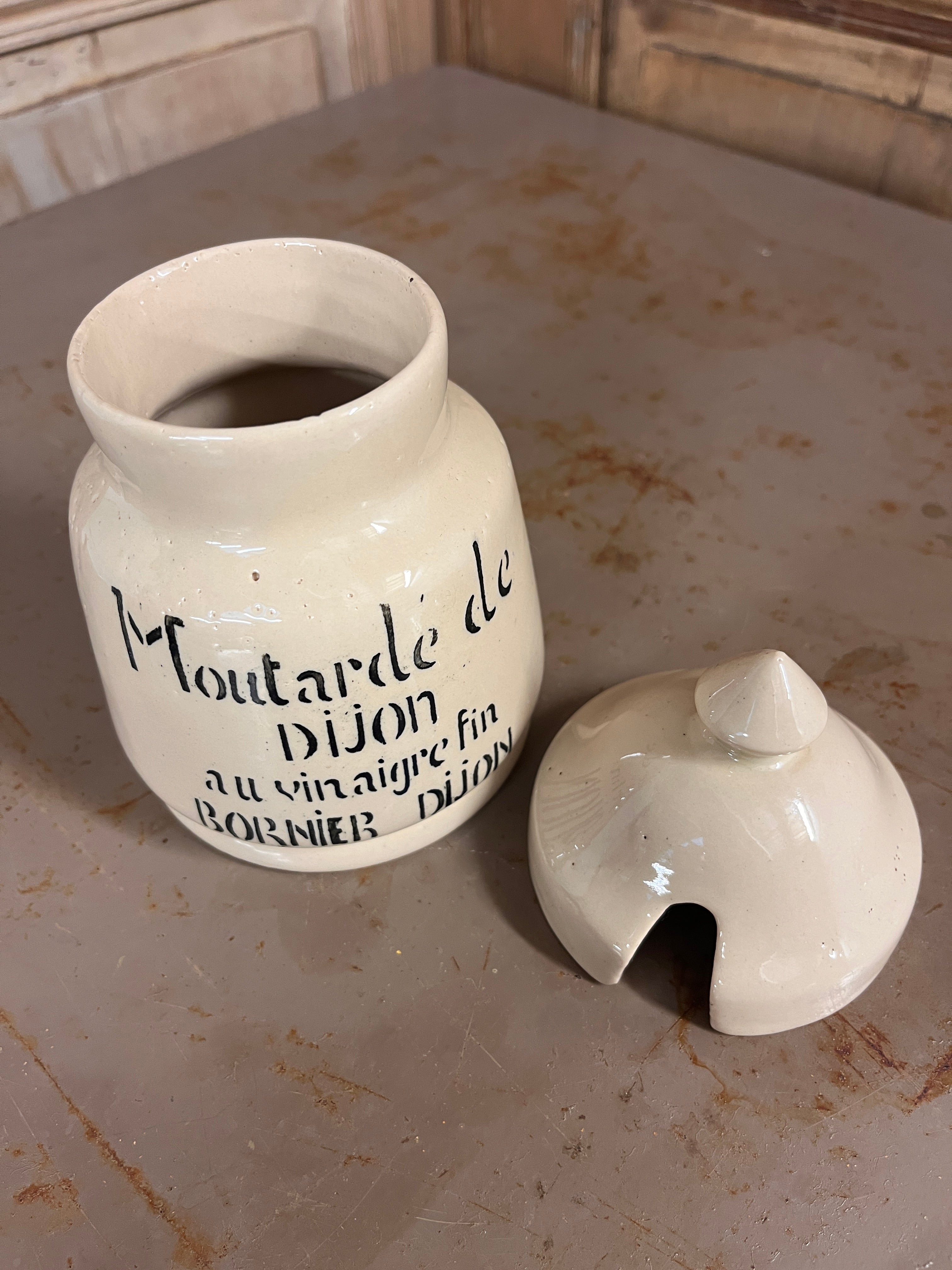 Pot à Moutarde Ancien Bornier Dijon en Grès Émaillé Complet – Déco Bistrot Milieu XXe