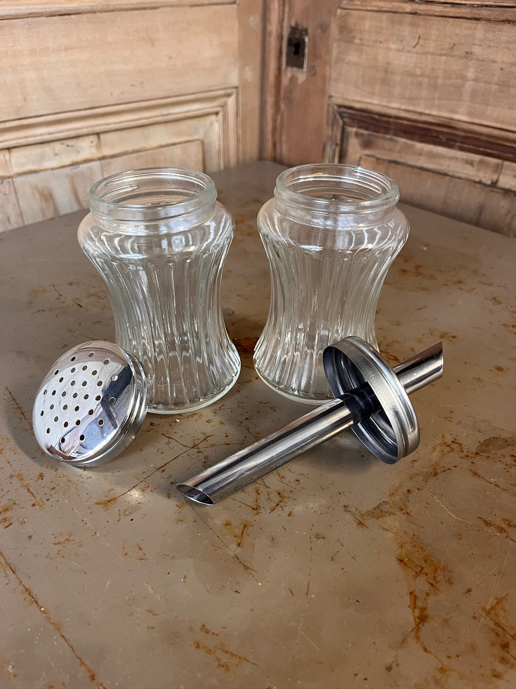 Duo de Comptoir Vintage BMF – Sucrier Doseur & Saupoudreuse Verre Cannelé & Chrome Style Bistrot