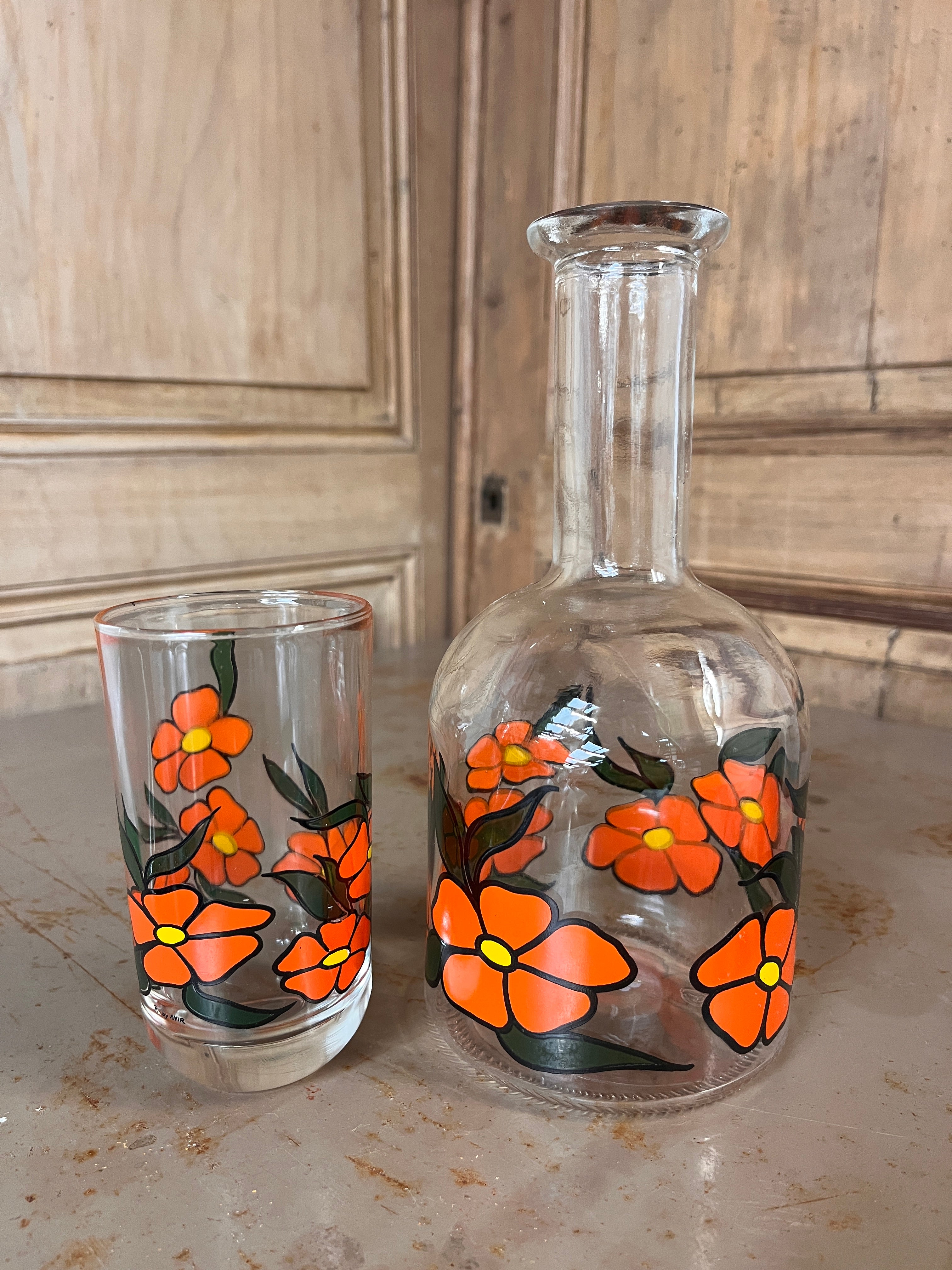 Carafe de Nuit Vintage AVIR Italie – Bouteille & Verre Bouchon "Flower Power" avec Boîte d'Origine 70s