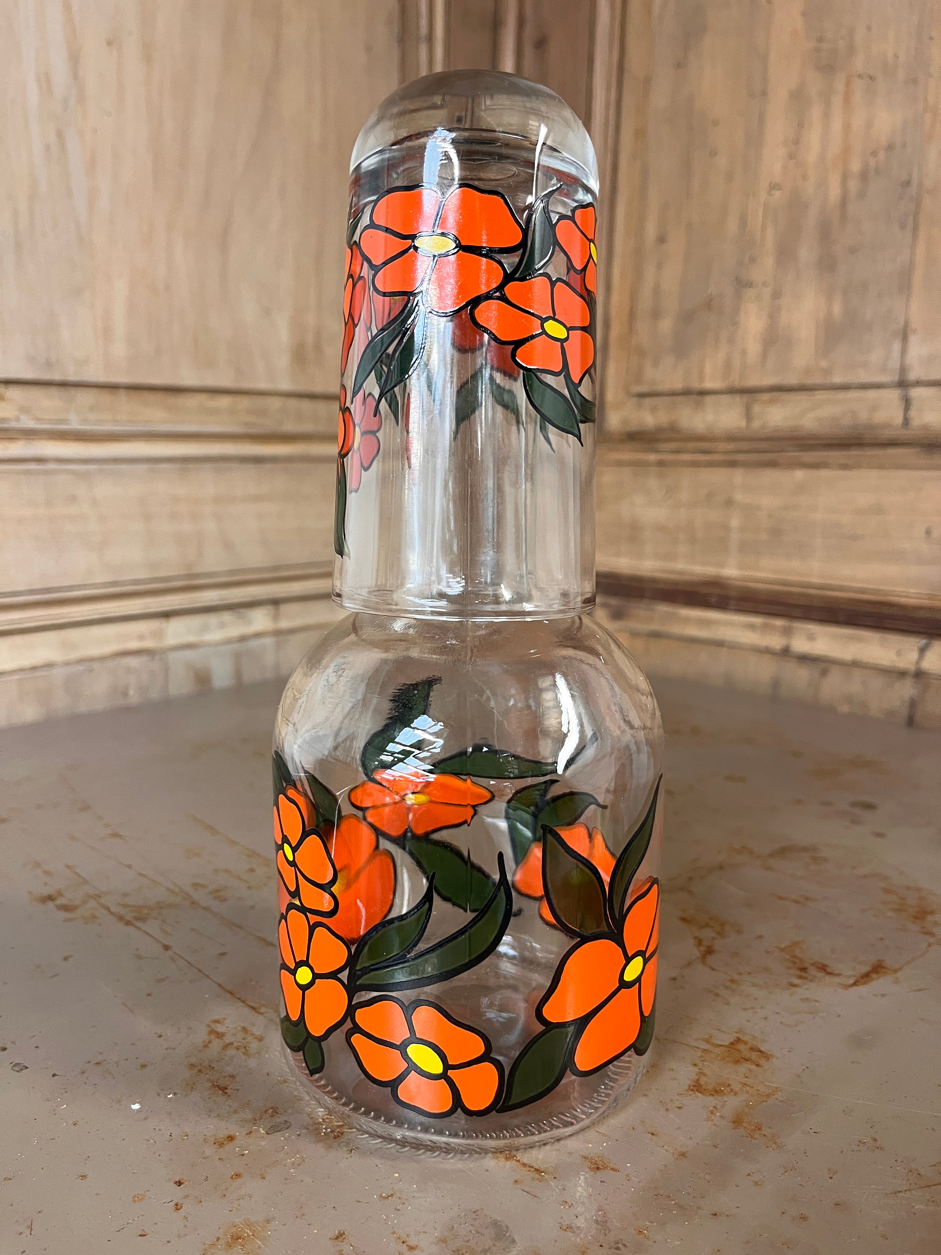 Carafe de Nuit Vintage AVIR Italie – Bouteille & Verre Bouchon "Flower Power" avec Boîte d'Origine 70s