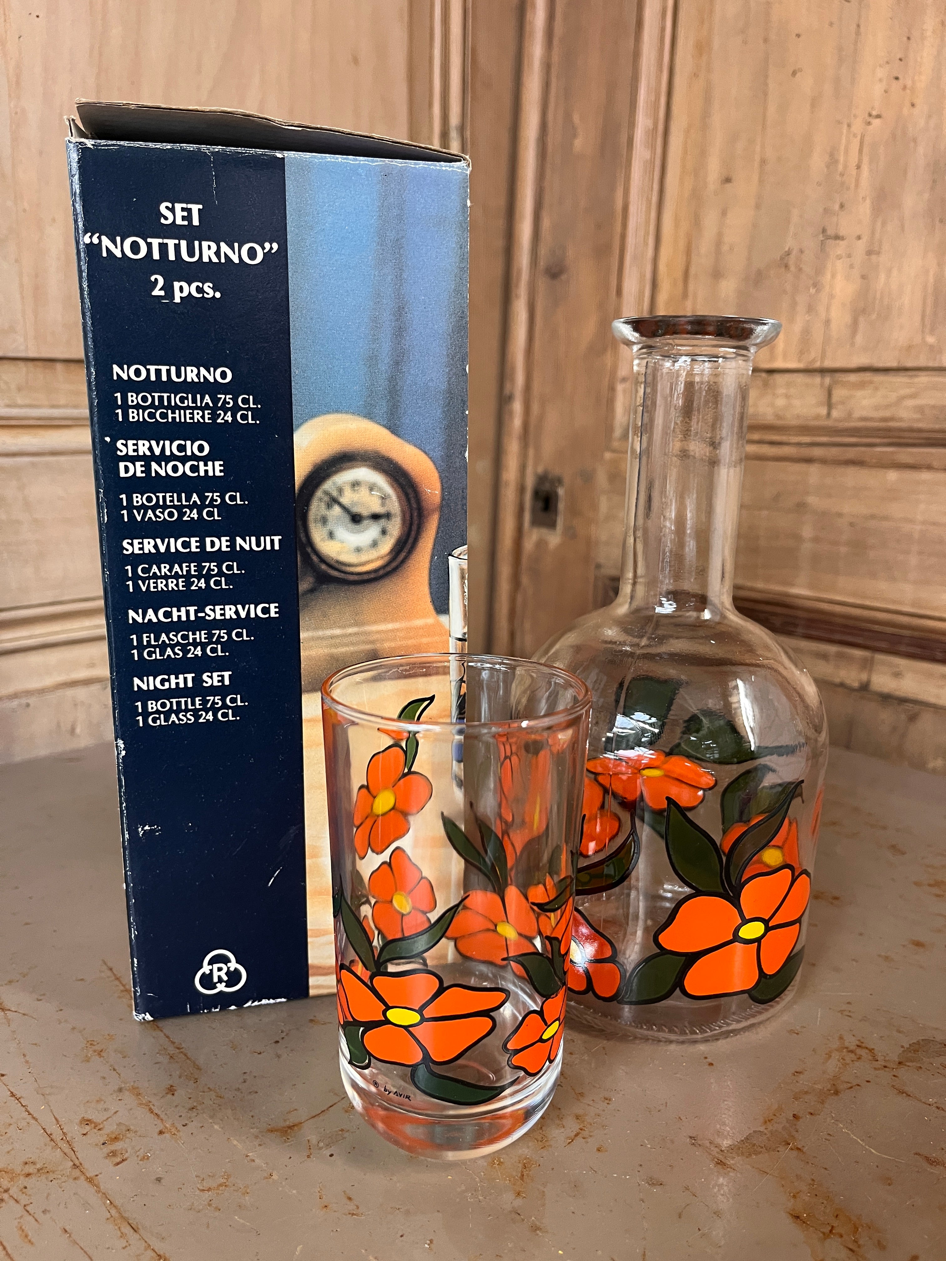 Carafe de Nuit Vintage AVIR Italie – Bouteille & Verre Bouchon "Flower Power" avec Boîte d'Origine 70s