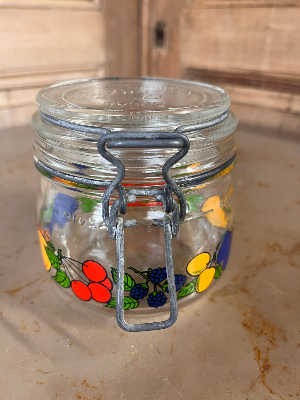 Bocal Vintage Le Parfait Super 0,5L – Édition Publicitaire "LEVER" Décor Fruits 1970s