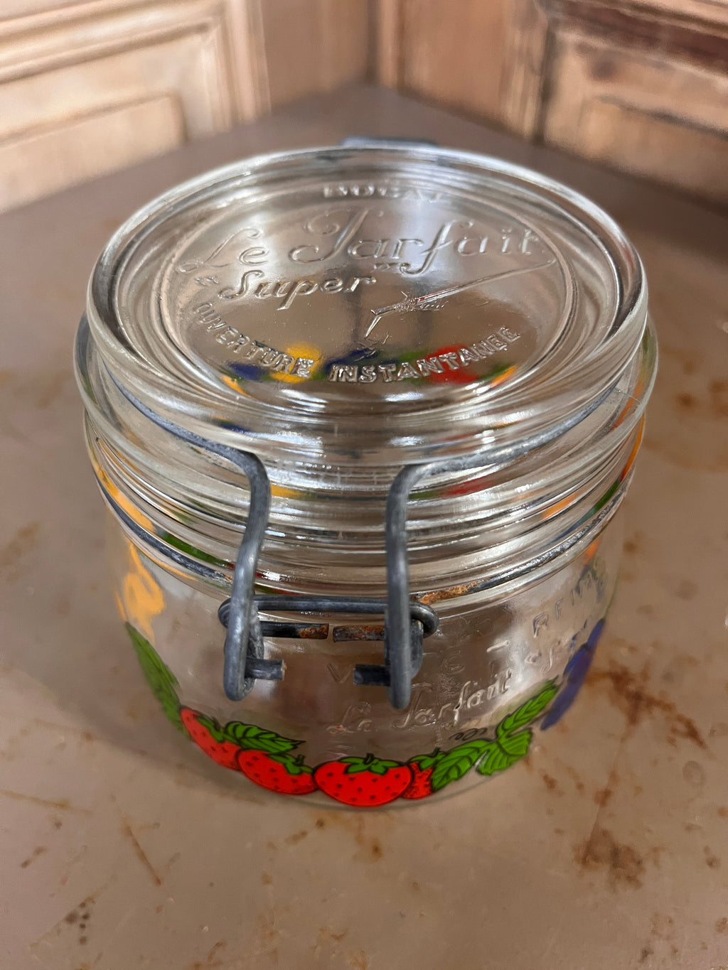 Bocal Vintage Le Parfait Super 0,5L – Édition Publicitaire "LEVER" Décor Fruits 1970s
