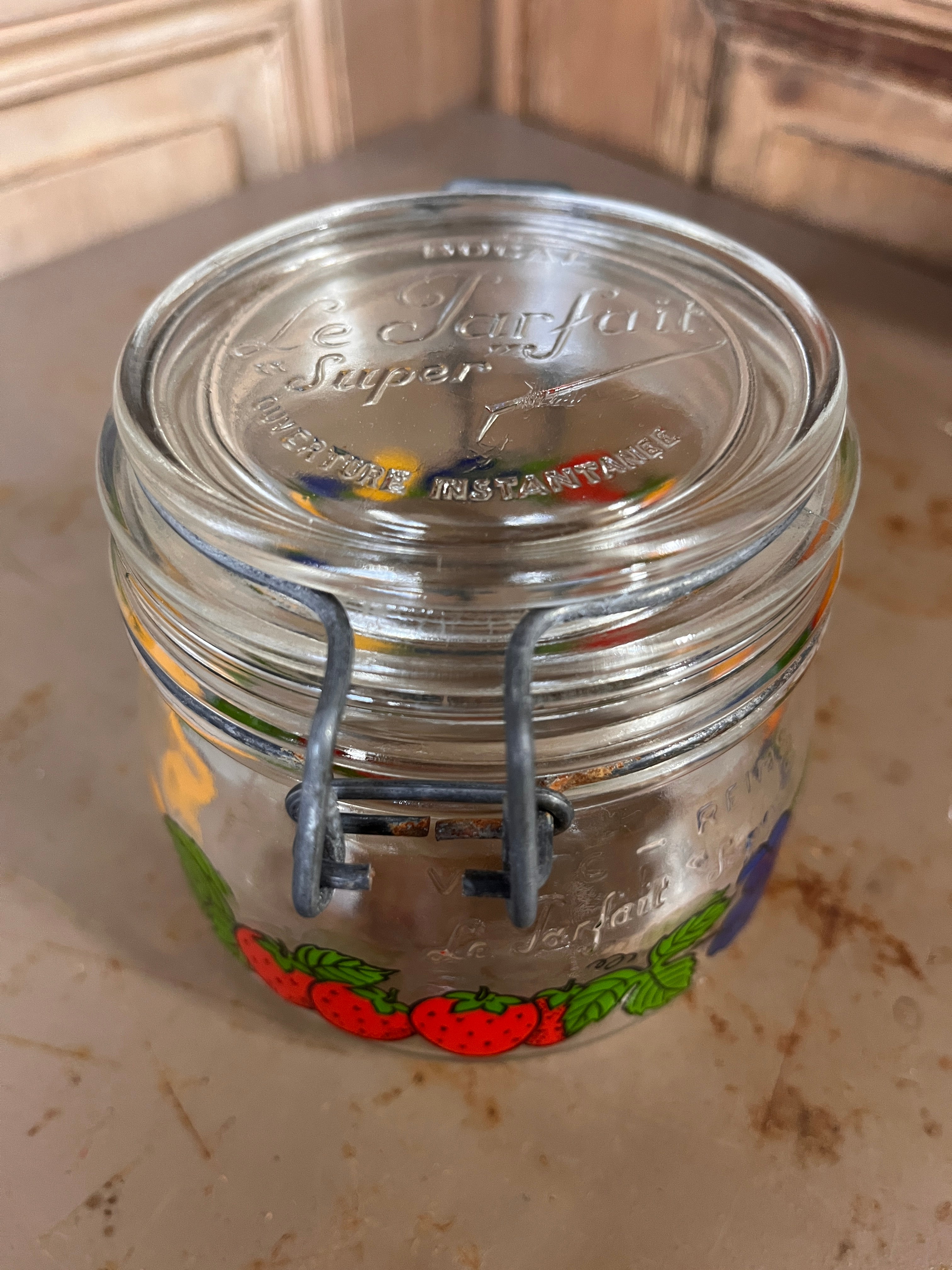 Bocal Vintage Le Parfait Super 0,5L – Édition Publicitaire "LEVER" Décor Fruits 1970s