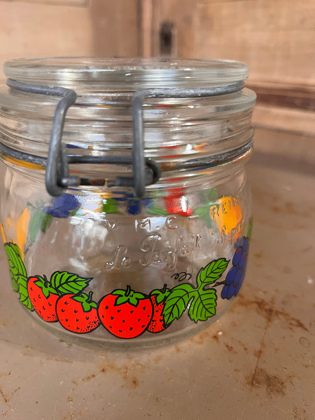 Bocal Vintage Le Parfait Super 0,5L – Édition Publicitaire "LEVER" Décor Fruits 1970s