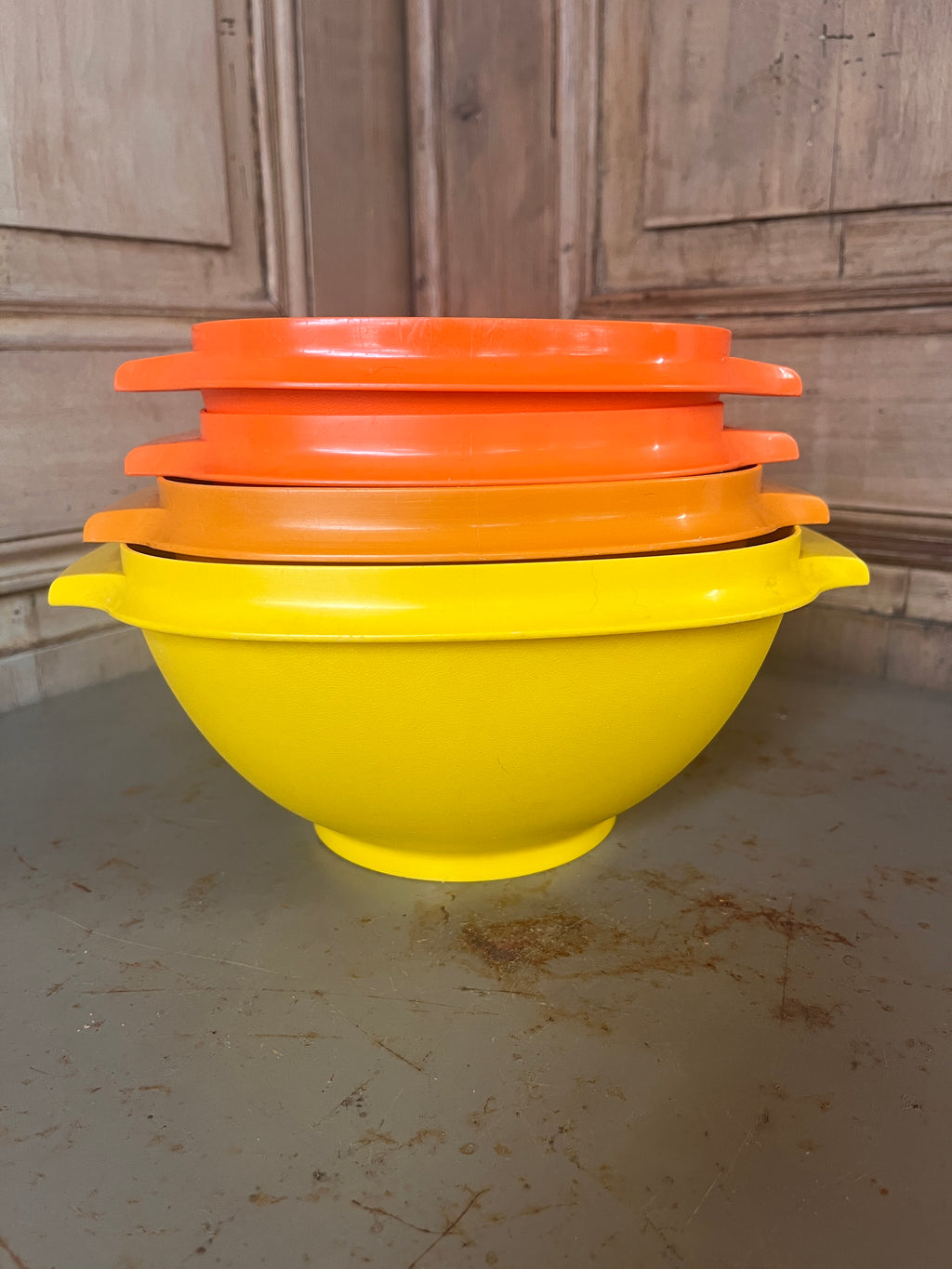 Bols Grand-Mère Tupperware – Plastique Pop Orange Marron Jaune Vintage Années 70 (Lot de 4)