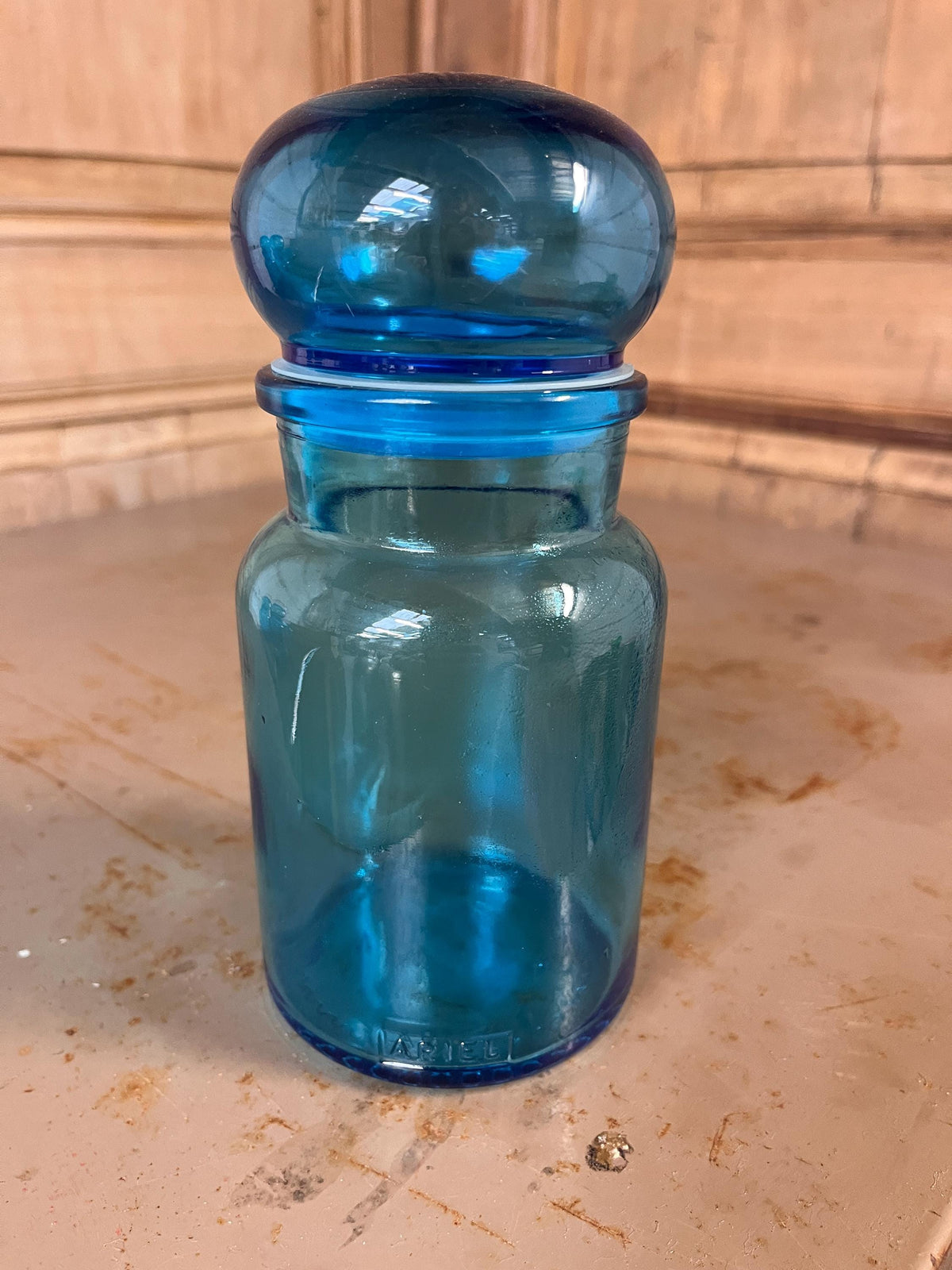 Bocal verre turquoise Ariel signature gravée vintage - L'Heureux Nouveau