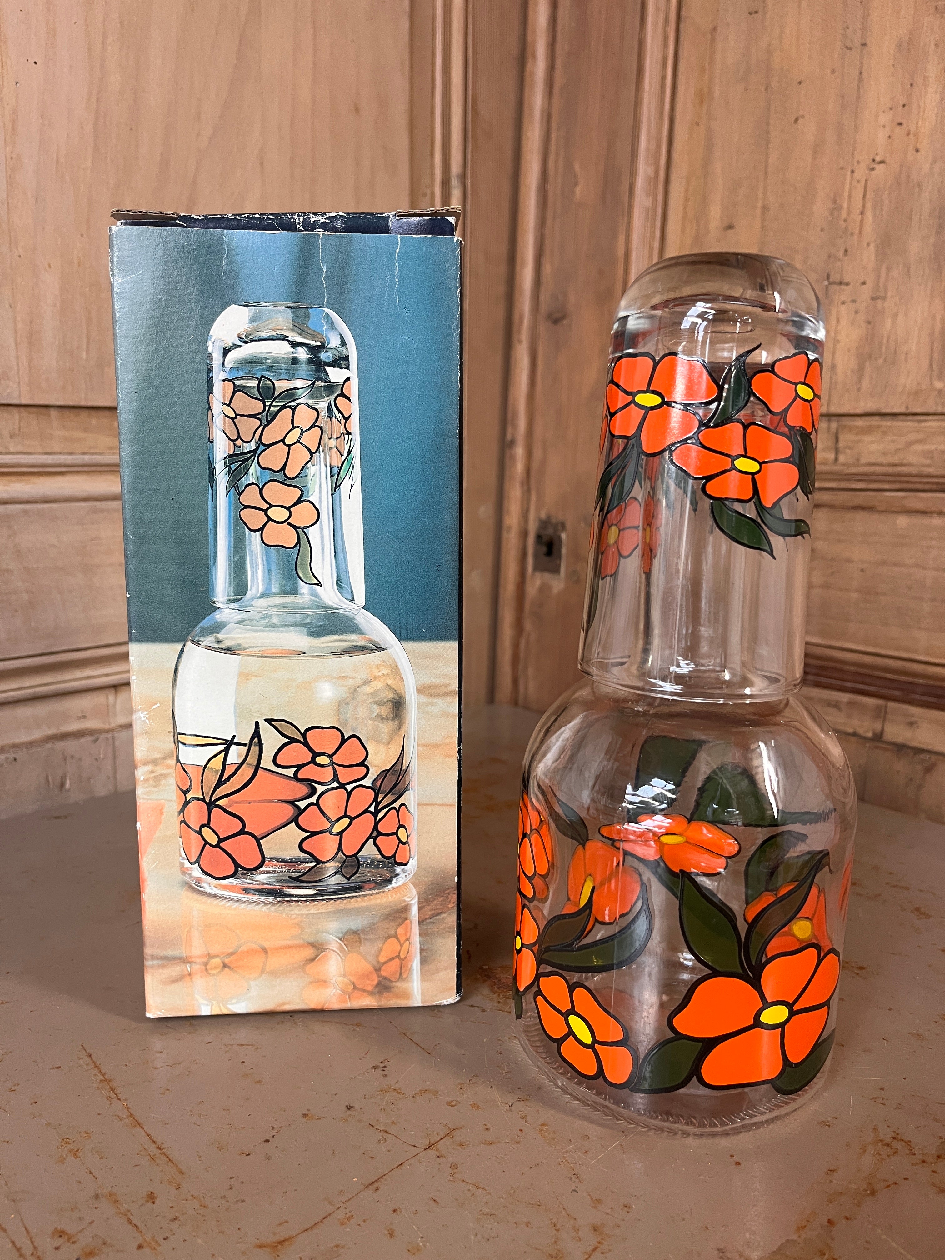 Carafe de Nuit Vintage AVIR Italie – Bouteille & Verre Bouchon "Flower Power" avec Boîte d'Origine 70s