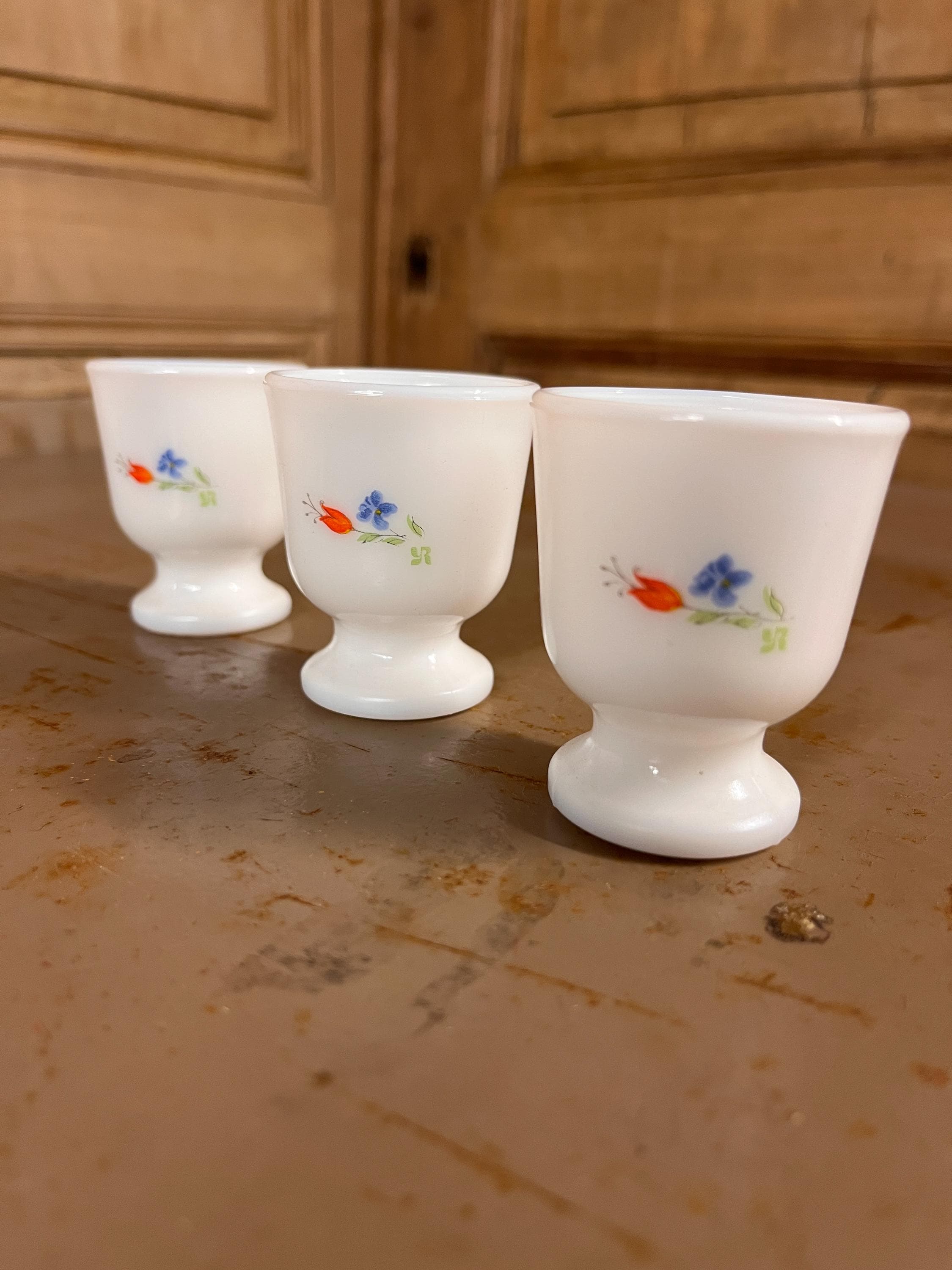 Coquetiers Arcopal Fleur des Champs – Verre Opalin Vintage Années 70 (Lot de 3)