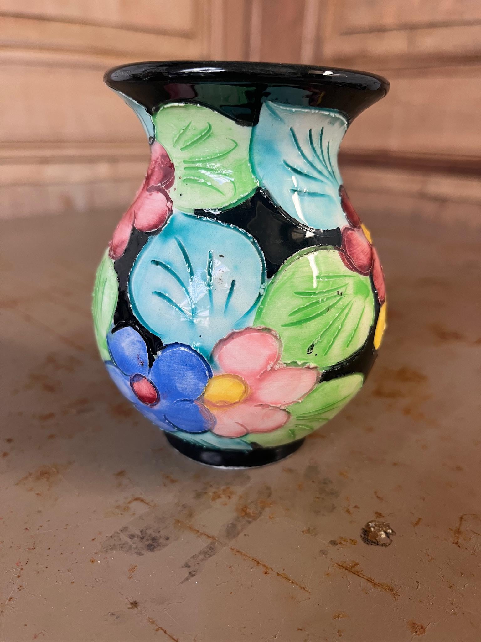 Petit Vase Boule Vintage Vallauris – Décor Floral Peint Main – Années 50/60