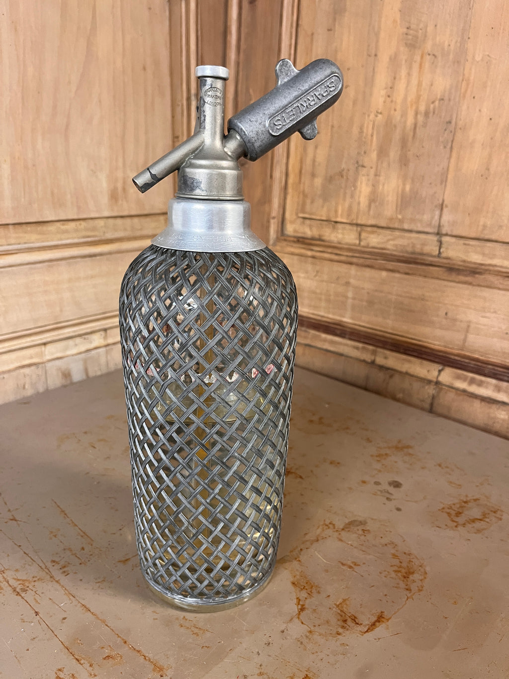 Siphon de Bar Vintage Sparklets London – Carafe Eau de Seltz Verre & Grillage Métallique 50s/60s