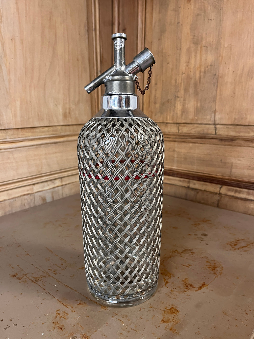 Siphon de Bar Vintage Tchécoslovaquie – Carafe Eau de Seltz Verre & Grillage Métallique 60s/70s