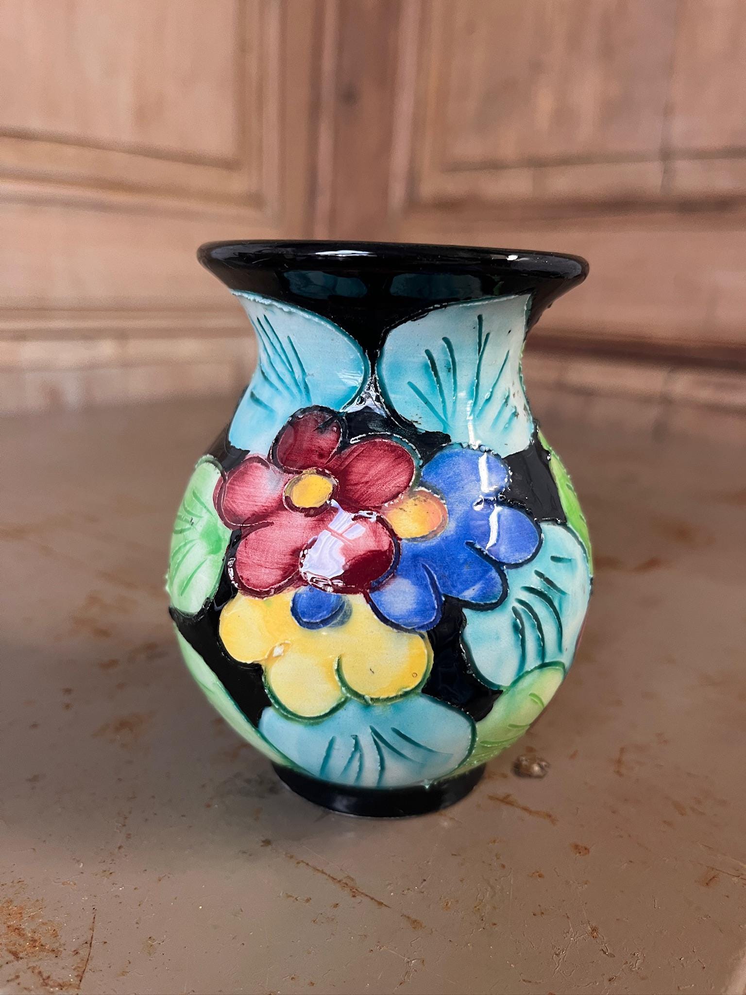 Petit Vase Boule Vintage Vallauris – Décor Floral Peint Main – Années 50/60